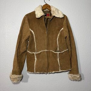Marcelle Renée Leather Shearling Jacket – Women's M –‎ Faux Fur Trim Brown Coat